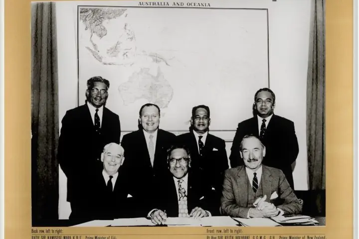The first meeting of the South Pacific Forum in Wellington, New Zealand, in 1971.