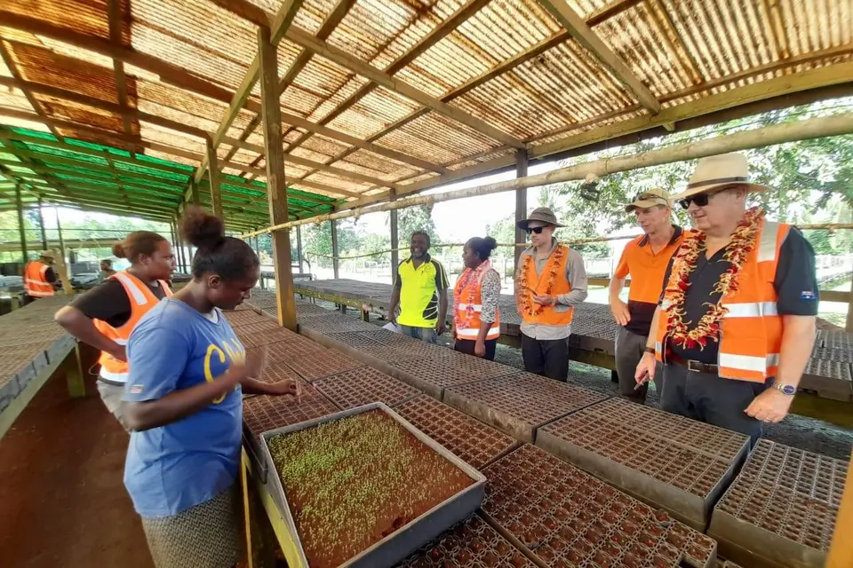 KFPL employees showing the Honourable Minister and Member of Parliament for Gizo/Kolombangara, Lanelle Tanandaga and The Australian High Commissioner, Dr Lachlan Strahan the plant nurseries used by local out-growers.