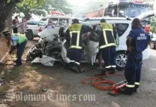 The Police Fire Rescue Team, while attempting to free the female passenger.