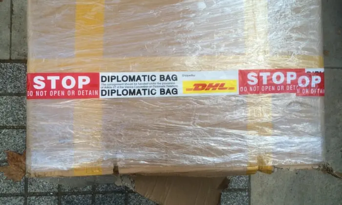 An example of what a diplomatic bag looks like - the "bag" has diplomatic immunity from search or seizure, as codified in Article 27 of the 1961 Vienna Convention on Diplomatic Relations.