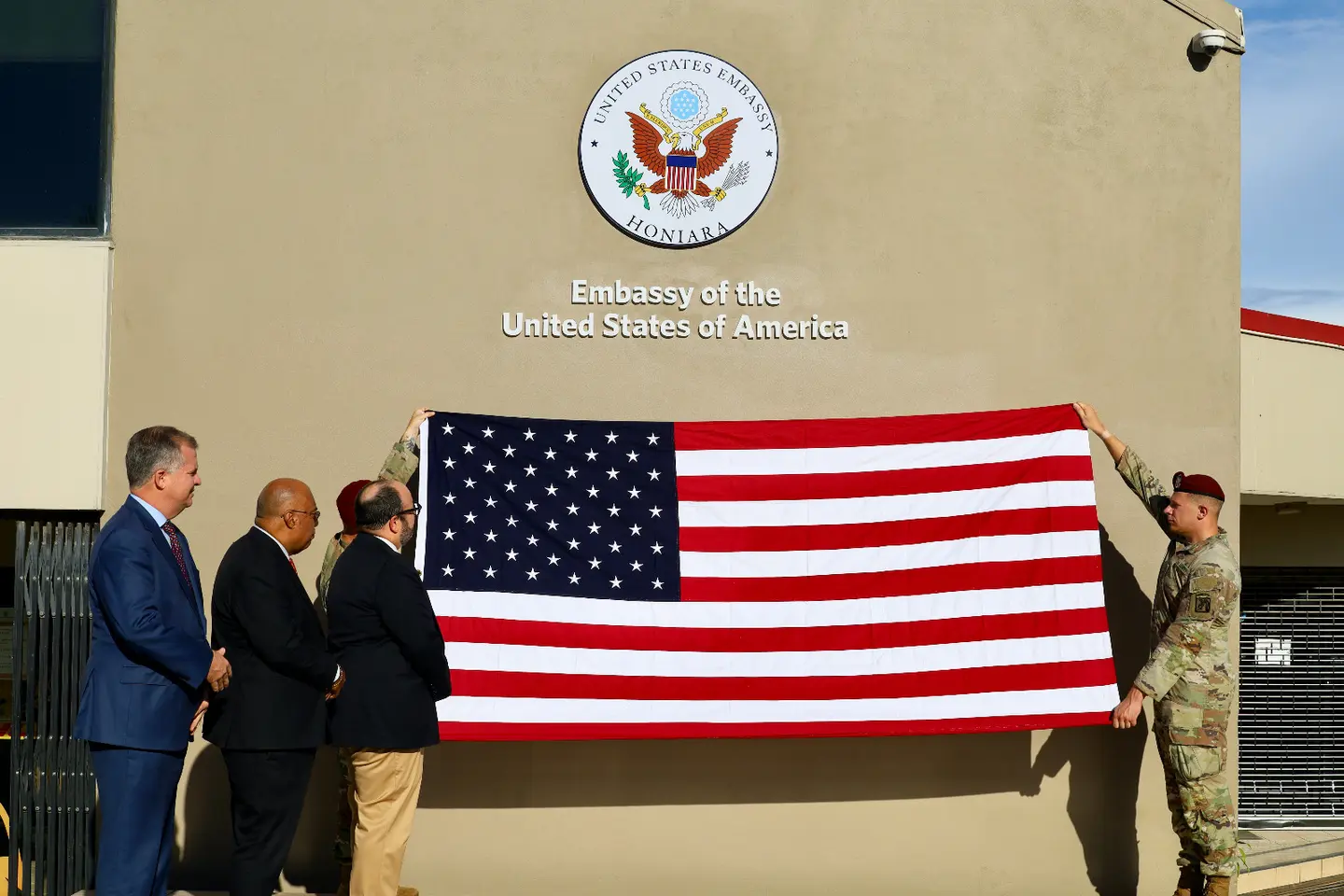 The official unveiling of the U.S flag outside the U.S Embassy in Honiara.