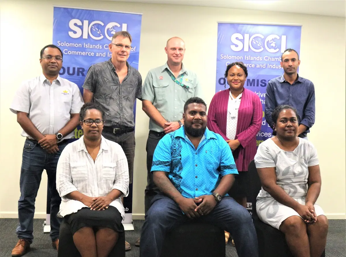 The newly elected SICCI Board and CEO. (Front row) Qila Tuhanuku, Chairman Ricky Fuo’o and CEO Natalina Hong. (Back row) Kazi Mushfiqur Rahman, Bob Pollard, Craig Gibsone, Namoi Kaluae and Daniel Tucker. Missing in Frank Wickham.