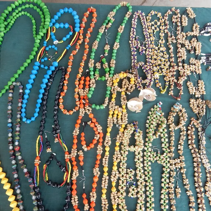 Some of the colorful crafts on sale at Mrs. Sasali's stall at the central market in Honiara.