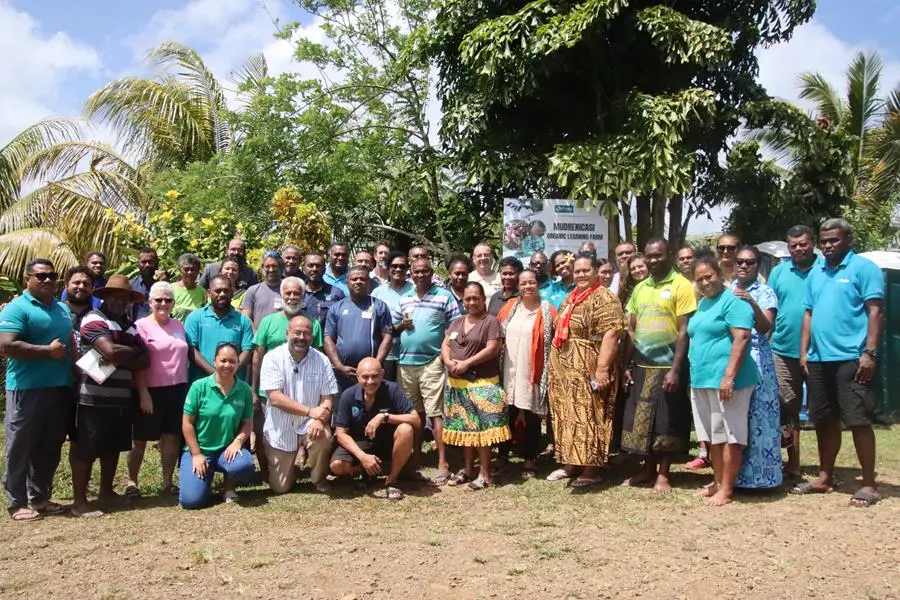 Representatives from Kiwa-supported projects across the Pacific at the learning exchange workshop at the Mudrenicagi Organic Learning Farm in Wainunu, Bua.