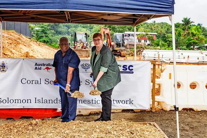 Australia's Foreign Minister, Marise Payne (R) and Solomon Islands' caretaker Prime Minister Rick Hou (L) in Honiara at a ceremonial ground-breaking event for the landing site of the Coral Sea Cable this week.