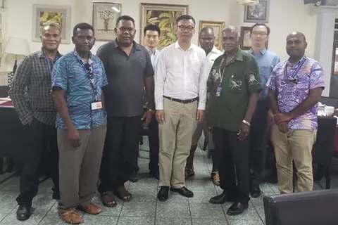 Left to right: Executive Director NHA- Christian Nieng, Policy Secretary (Resource Sector)-Jimson Tanangada, Chairman PG2023 CSC -Jamie Vokia, PRC Official Mr. Hesong, PRC Counselor Yao Ming, Director CSC SPG2023 McFadden Aoraunisaka, SPM Dr. Jimmie Rodgers, PRC Official Mr Liu and Policy Secretary (Productive Sector) Dr. Sasmson Viulu.