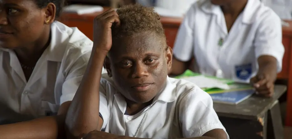 Peter in class at Aligegeo Secondary School in the Lau region of Malaita Island, in the Solomon Islands.