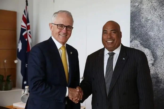 Australian Prime Minister Hon Malcolm Turnbull, left, welcomes Solomon Islands new High Commissioner to Australia, His Excellency Colin David Beck to Australia.