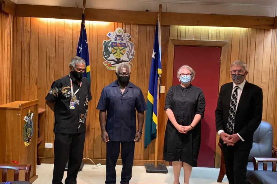 Prime Minister Manasseh Sogavare (2nd from left) with Secretary to the Prime Minister, Jimmie Rodgers, A/g Australian High Commissioner Sally-Anne Vincent, and Mr Ewen McDonald, Head of the Office of the Pacific, Australian Department of Foreign Affairs and Trade.