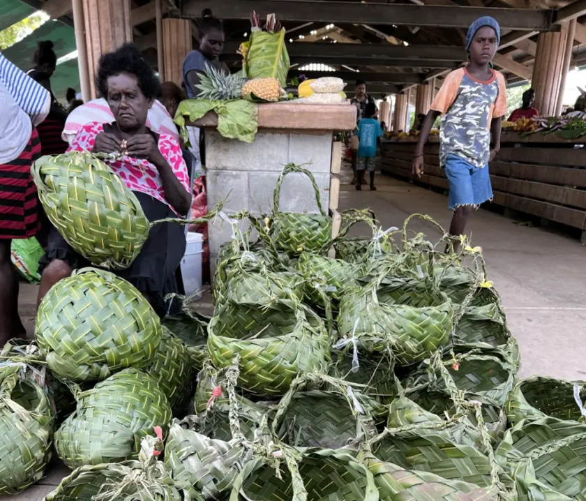 Gizo Vegetable market in the Western Province, Solomon Islands are providing traditional coconut baskets for shoppers as part of the little town's initiative to go plastic free.