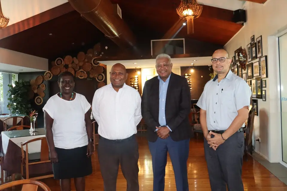 (Left-Right) MHMS Permanent Secretary Mrs. Pauline McNeil, Health Minister Dr Culwick Togamana, WB Health Economist and project mission team leader, Mr. Netsanet Walelign Workie and WB Solomon Islands Health Specialist Mr. Wayne Irava.