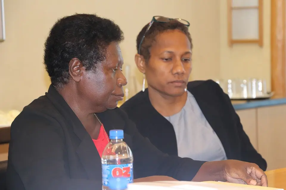 Commissioners, Ms. Ruth Liloqula (L), and Ms. Anika Kingmele (Vice Inaugural Chairperson) during the Commissioner’s induction program that was facilitated and supported by UNDP.