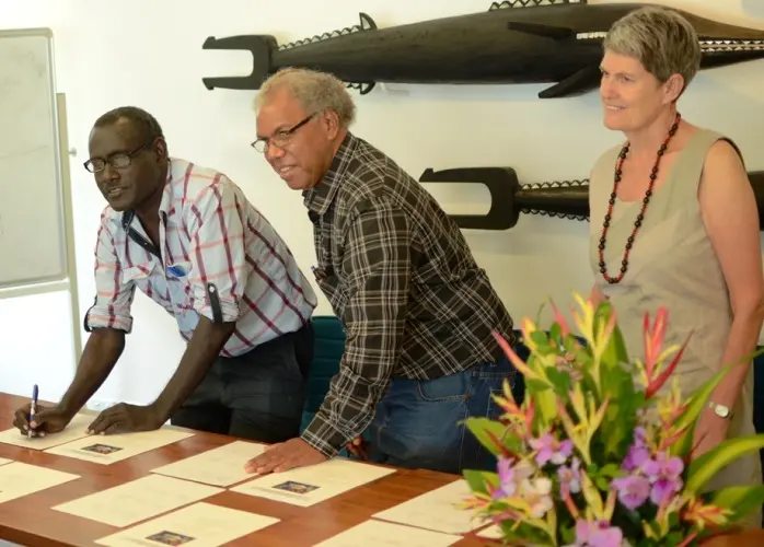 Ministry of Health, Dr Tenneth Dalipanda, Ministry of Agriculture PS Jim Saelea, and Sue Connell, Minister Counsellor DFAT signing the innovative public private partnership.