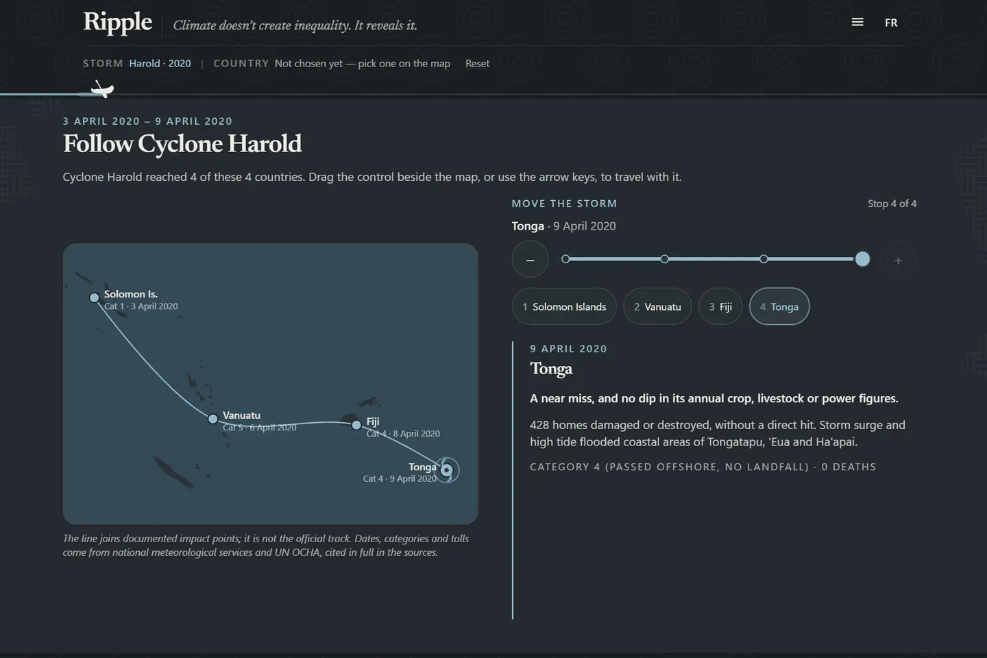 Ripple, a visualisation of six tropical cyclones between 2015 and 2024 by Aziel Orihao