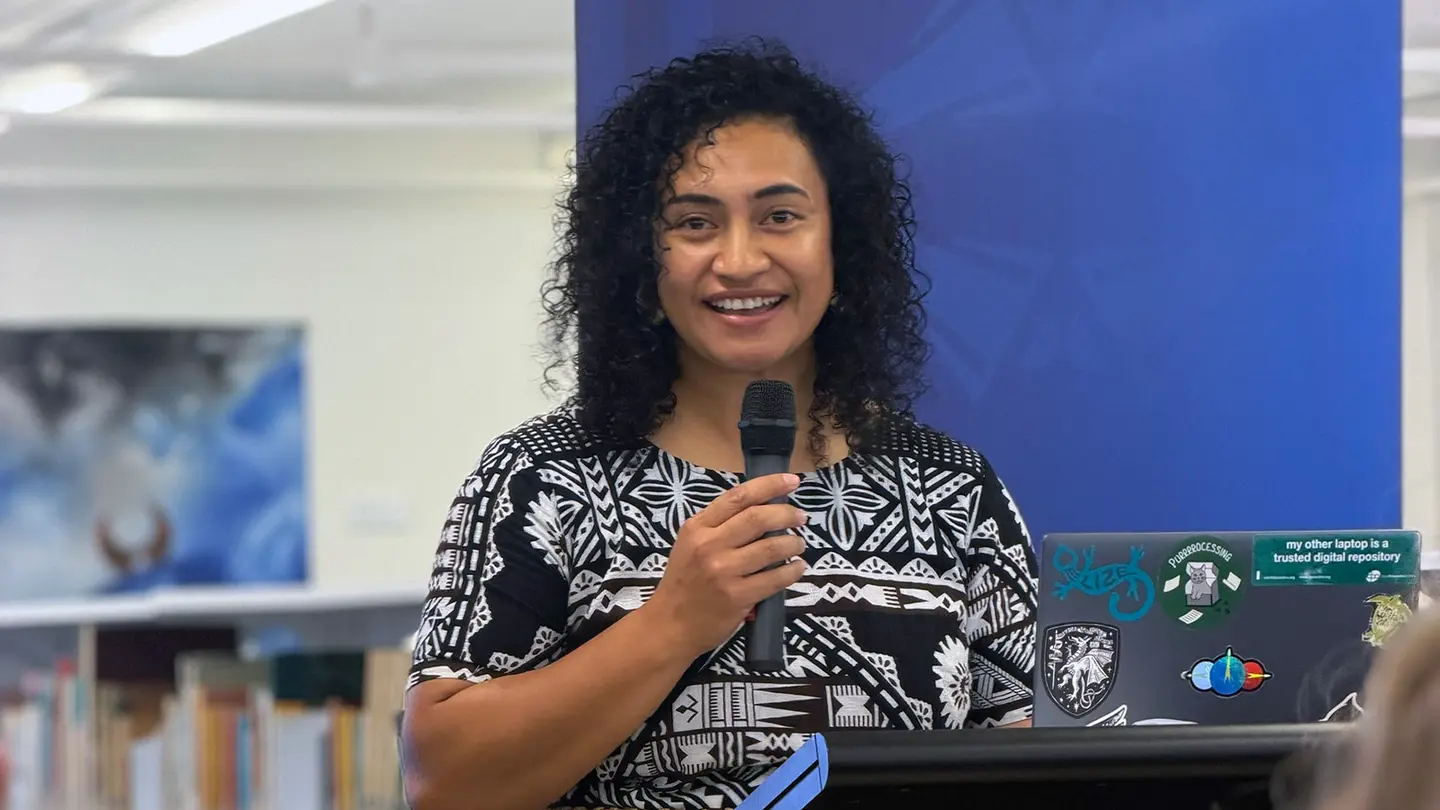 Fofonga for Pacific Research Excellence director Dr Charmaine 'Ilaiu Talei speaking at the launch.