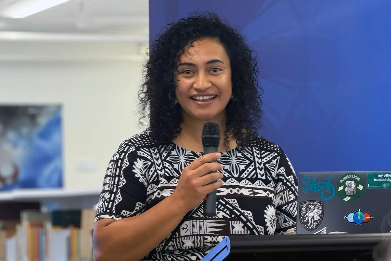 Fofonga for Pacific Research Excellence director Dr Charmaine 'Ilaiu Talei speaking at the launch.