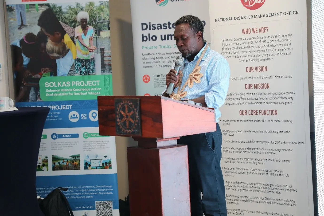 MECDM Minister Wayne Ghemu gives his keynote address at the launch at Heritage Park Hotel.