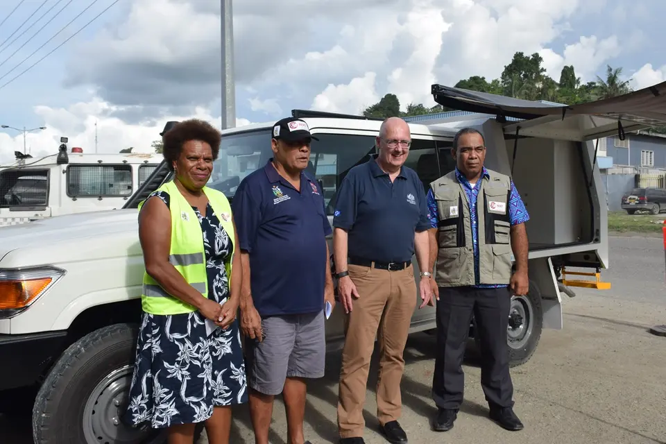 The handing over ceremony (L-R) DRM Project Manager Ms. Vini Talai, Director of NDMO Loti Yates, Australian High Commissioner H.E Dr Lachlan Strahan and MECDM Permanent Secretary, Dr Melchior Mataki.