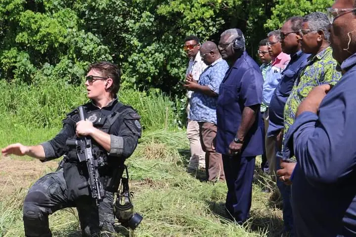 Prime Minister Manasseh Sogavare and members of his cabinet given a demonstration by AFP of the new weapons capability.