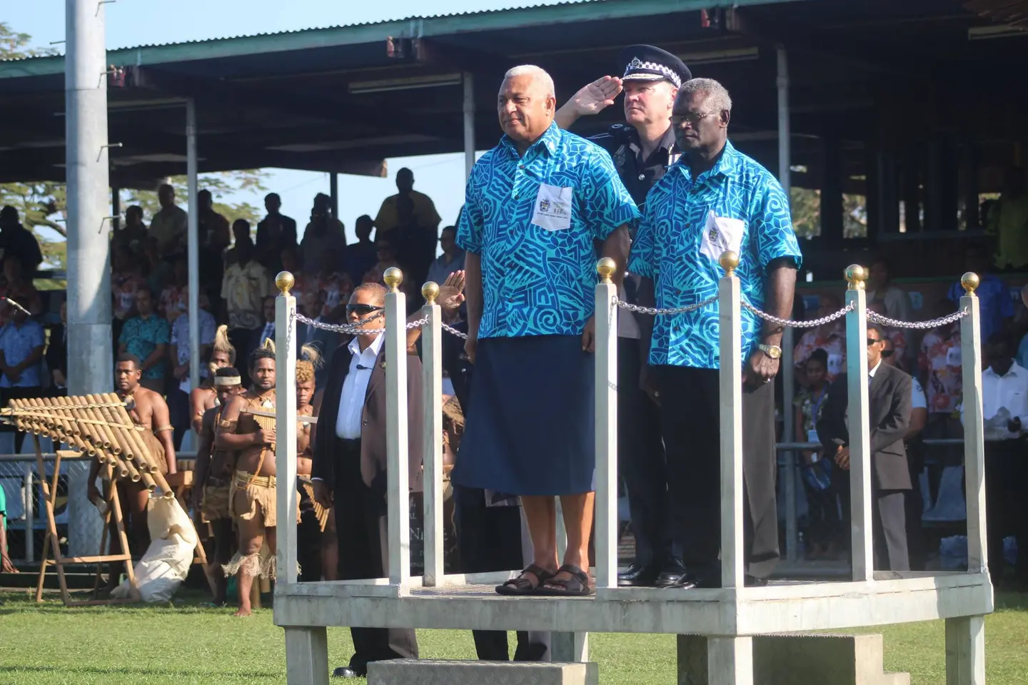 Fiji's Prime Minister, Hon. Voreqe Bainimarama and Solomon Islands Prime Minister, Hon. Sogavare during the 4th PIDF Opening Ceremony.