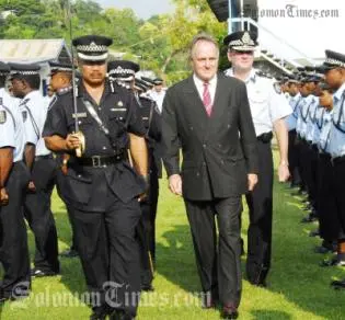 Officers of the RSIPF demonstrated their professional pride during inspection by Acting Commissioner Walter Kola, Minister Bob Debus, and Assistant Commissioner of the AFP Frank Prendergast.