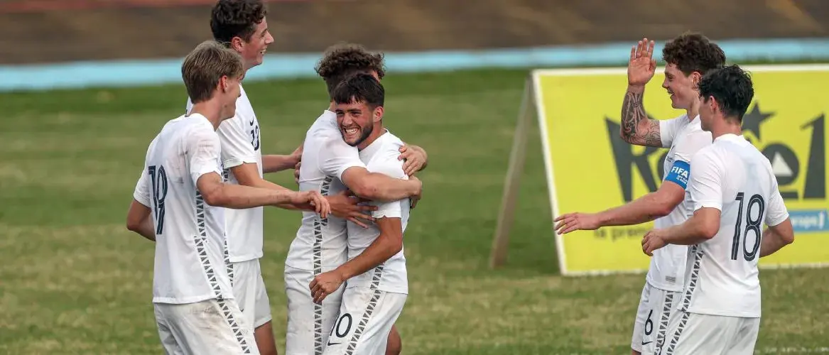 New Zealand celebrate scoring against the Solomon Islands at the OFC U-19 Championship 2022.