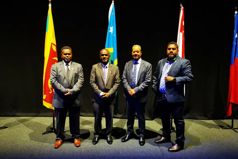 Minister of Foreign Affairs and External Trade, Hon. Jeremiah Manele (second left) at the 8th Bali Process Ministerial Conference held in Adelaide, South Australia. Here he is joined by Deputy Secretary MFAET, Cornelius Walegerea, H.E. Robert Sisilo and Solomon Islands Chamber of Commerce (SICCI) Board Chairman Ricky Fuo'o.