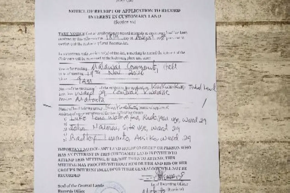 Government portal says Kunkwaikwai land recording reaches three-month notice stage