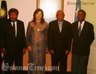 Foreign Affairs Minister William Haomae, Madame Olbery, Sir Frank Kabui and George Hiele (Secretary to Foreign Affairs).