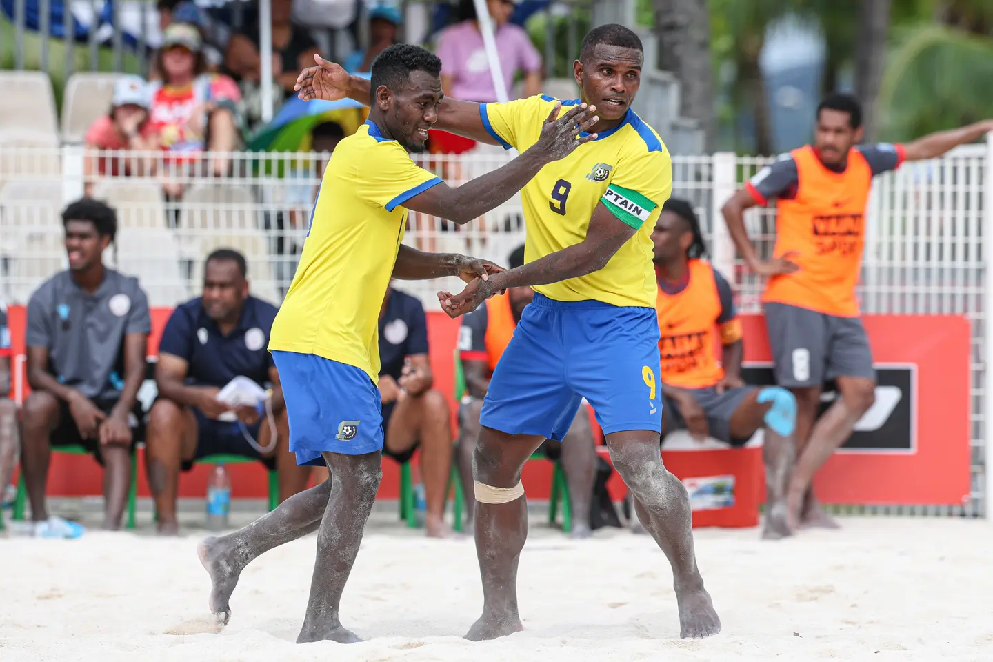 Solomon Islands players celebrate during their 10-5 win over New Caledonia at Aorai Tini Hau in Pirae.