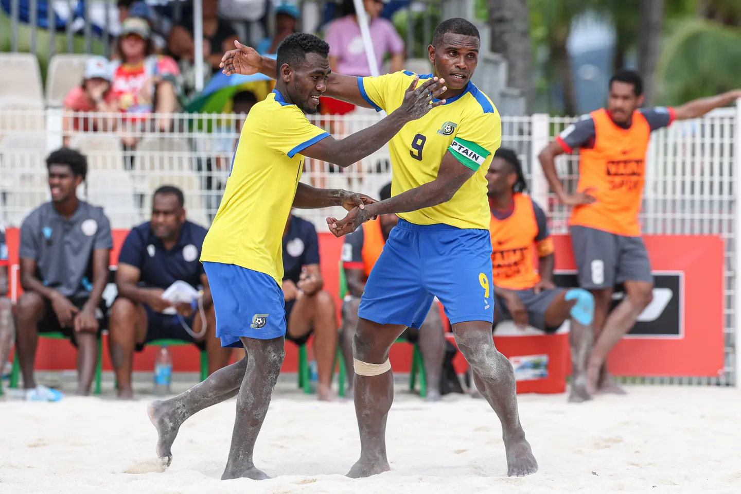 Solomon Islands players celebrate during their 10-5 win over New Caledonia at Aorai Tini Hau in Pirae.