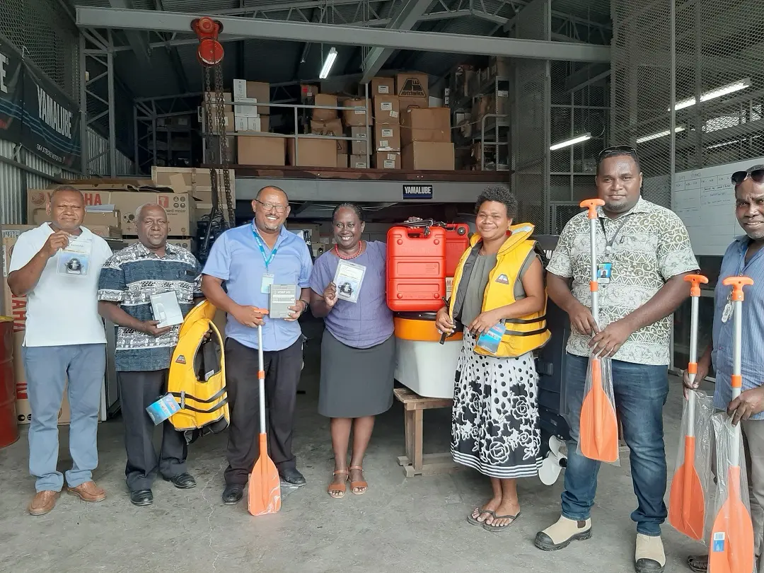 Dr Zelalem Taffesse of UNICEF with the Permanent Secretary of the Ministry of Health and Medical Services Ms Pauline McNeil and her staff during the handover.