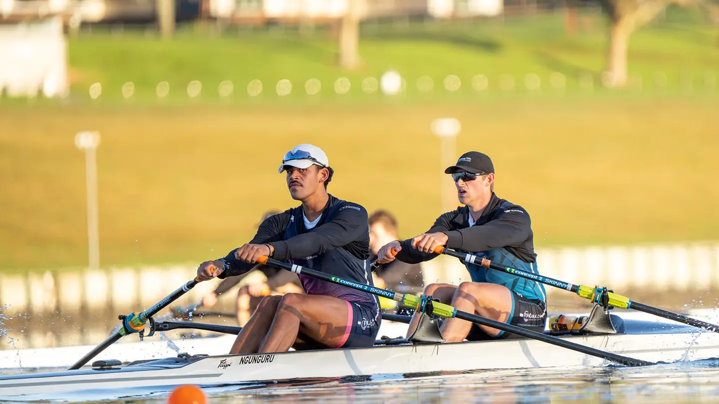 Arie Rasmussen Magasiva, left, rowing in a double scull named Ngunguru