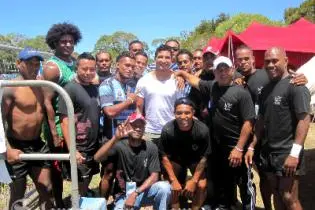 Avaiki team meeting up with Wallaby players, Radike Samo and Anthony Faingaa.