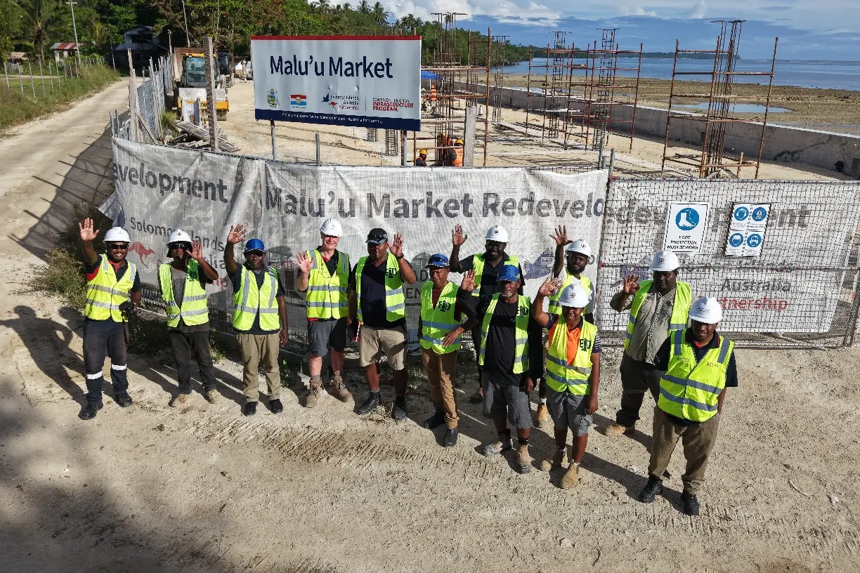 Workers at the Malu'u Market redevelopment site in North Malaita, a project delivered by local contractors.