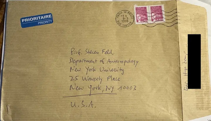 The envelope in which Hugo Zemp posted copies of the 1996 letters to Steven Feld, postmarked in Paris on 9 March 1999. Zemp's home address is blacked out.