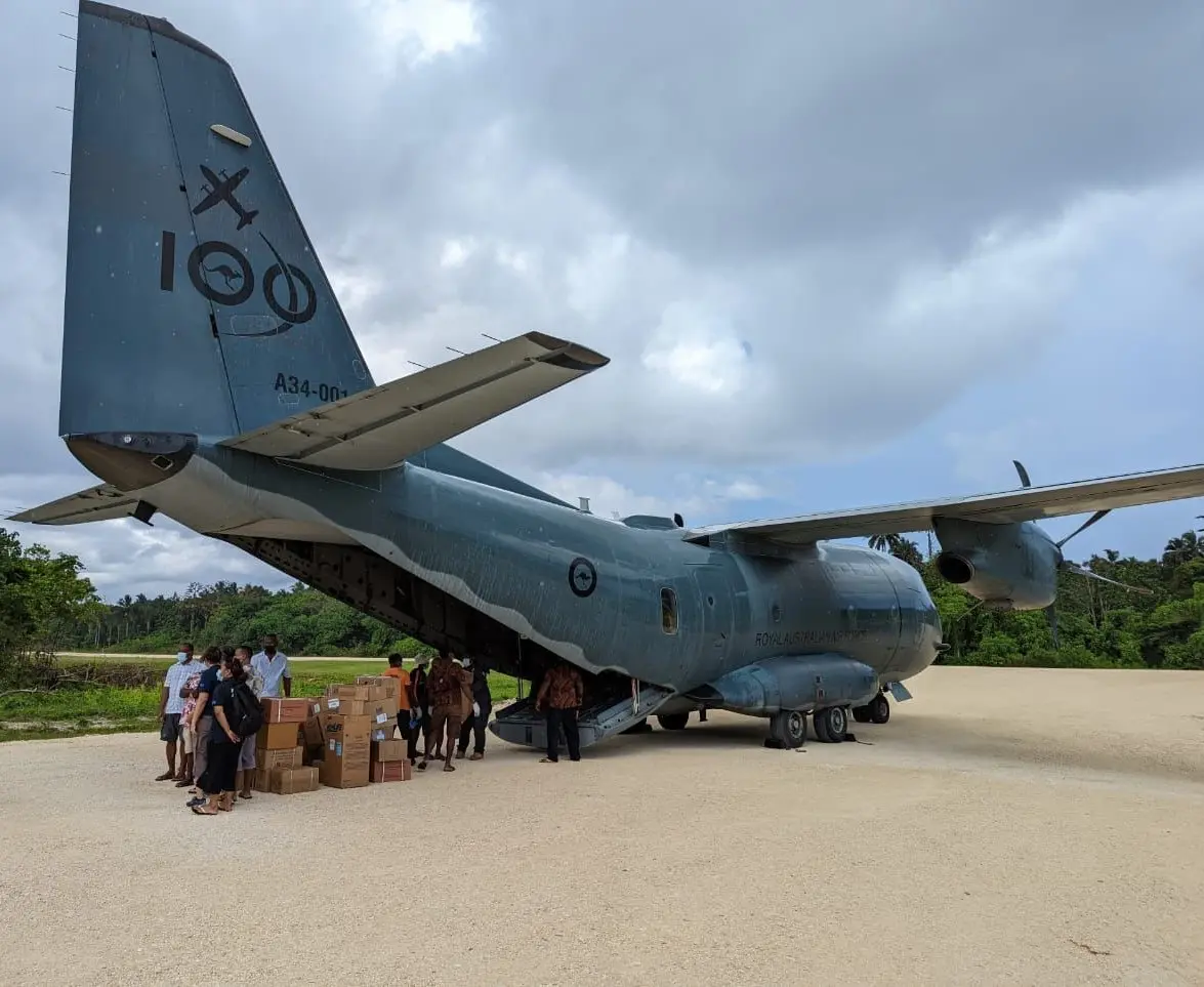 The Australian Defence Force C-27 on arrival in Lata, Temotu province, with the medical supplies.