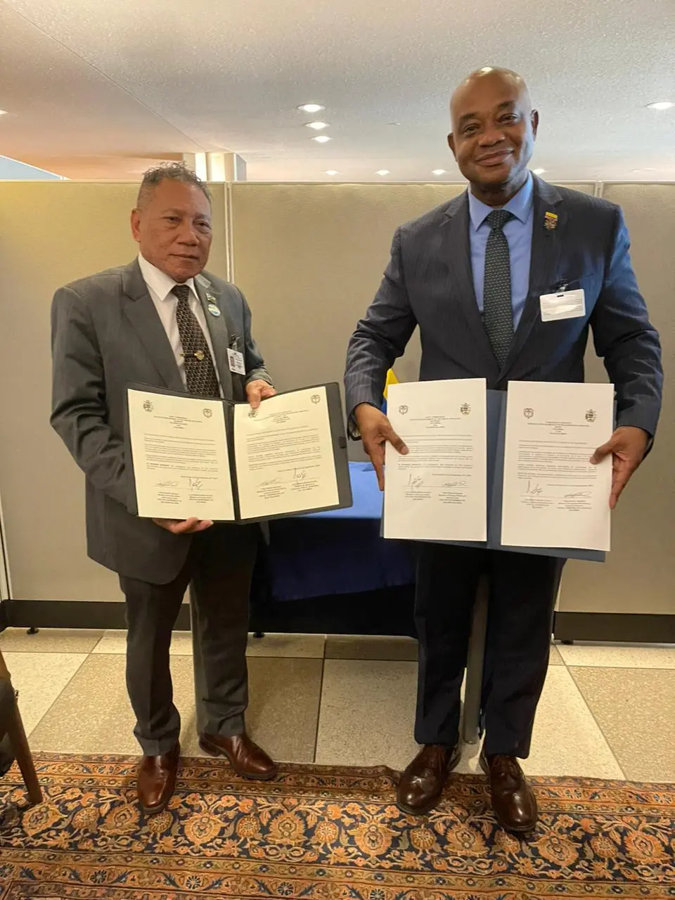 Minister of Foreign Affairs & External Trade, Hon. Peter Shanel Agovaka with his counterpart, the Minister of Foreign Affairs for Colombia, Hon Luis Urrutia, signed a Joint Communique to establish formal diplomatic ties between Solomon Islands and Colombia this afternoon in New York.