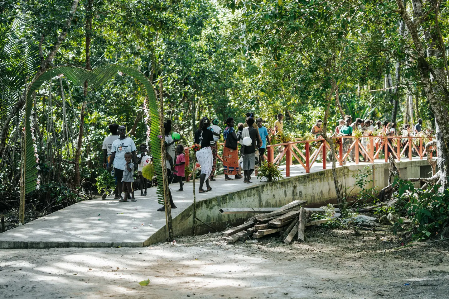 Villagers cross the new footbridge at Nukiki Village, North-West Choiseul, built under the Solomon Islands - Australia Community Partnerships programme.